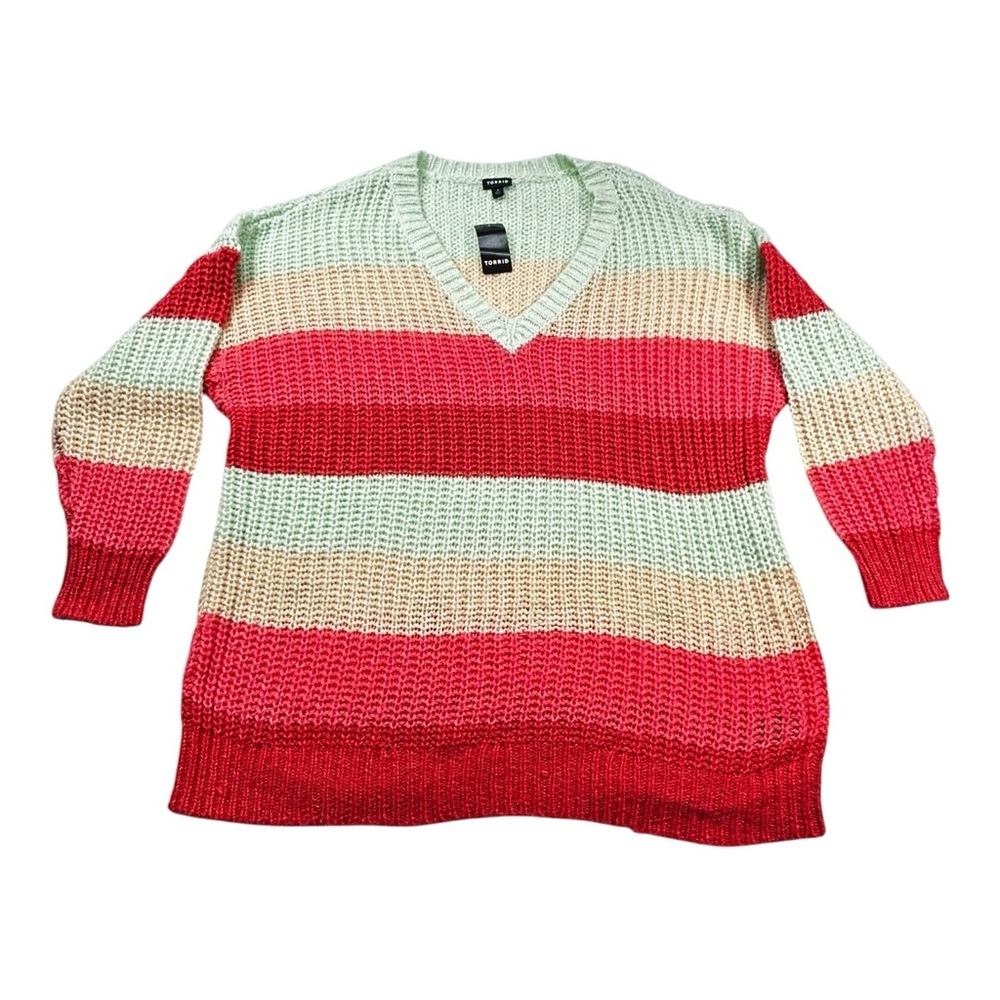 Torrid Striped V-Neck Chunky Knit Sweater 3X Pastel Colorblock Cozy NWT - Picture 2 of 12